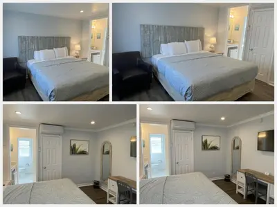 three pictures of a hotel room with two beds at Ocean Lodge Santa Monica Beach Hotel in Los Angeles