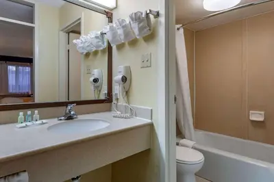 a bathroom with a sink and a toilet and a mirror at Quality Inn Barstow Route 66 in Barstow