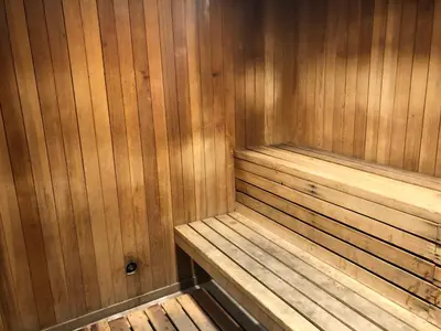 a wooden sauna with two wooden benches in it at Hotel Le Reve Pasadena in Pasadena