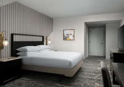 a bedroom with a large white bed and a television at Hotel Fera Anaheim, a DoubleTree by Hilton Hotel in Anaheim