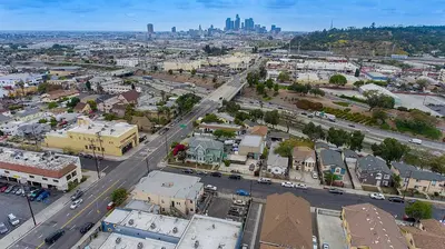 an aerial view of a town with a city at Pads on Pasadena Ave in Los Angeles