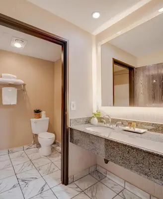 a bathroom with a sink and a toilet and a mirror at Ayres Hotel Corona - Riverside in Corona