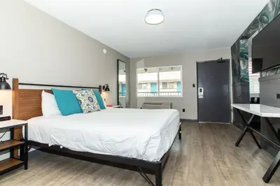 a bedroom with a large bed and a desk at Magnolia Tree Hotel-Maingate/Anaheim Convention Center in Anaheim