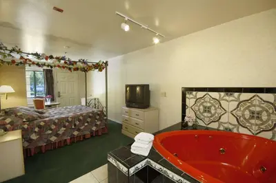 a bedroom with a tub and a bed and a television at Days Inn by Wyndham Riverside Tyler Mall in Riverside