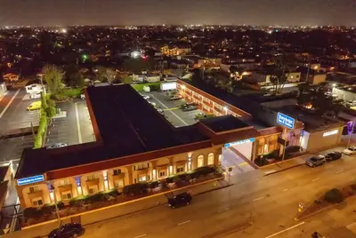 an overhead view of a city at night at Travelodge Inn & Suites by Wyndham Bell Los Angeles Area in Bell