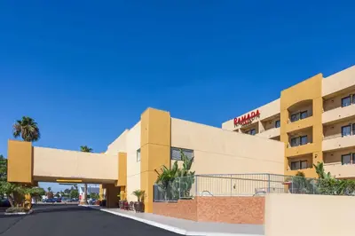 a rendering of the front of a hotel at Ramada Plaza by Wyndham Garden Grove/Anaheim South in Anaheim