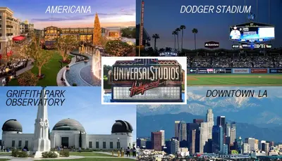 a collage of pictures of a city with a baseball game at VacaStay on Scandia Way in Los Angeles