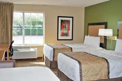 a hotel room with two beds and a window at Extended Stay America Suites - Los Angeles - Monrovia in Monrovia