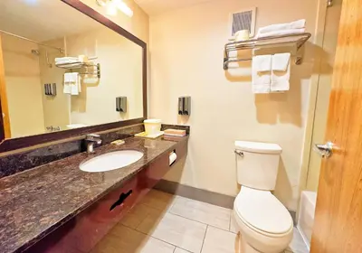 a bathroom with a toilet and a sink and a mirror at Lincoln Hotel Monterey Park Los Angeles in Monterey Park