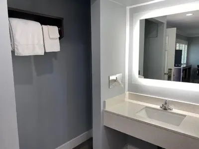 a bathroom with a sink and a mirror at Regency Motel in Brea