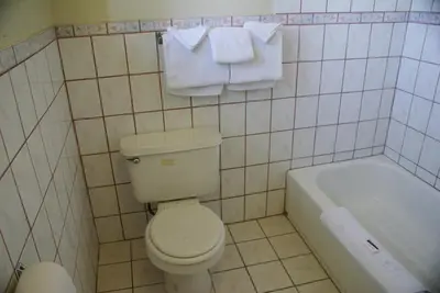 a bathroom with a toilet and a tub and towels at Sahara Motel in Anaheim