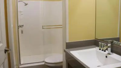 a bathroom with a toilet and a sink and a shower at Hometel Suites in Los Angeles