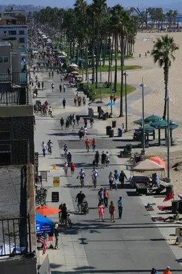 a group of people walking on a sidewalk near the beach at Venice Suites in Los Angeles