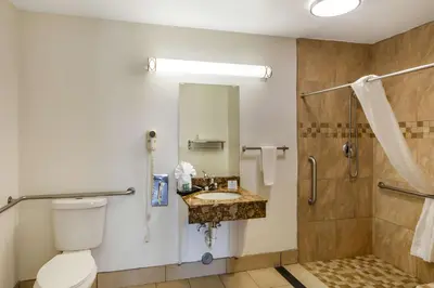 a bathroom with a toilet and a shower and a sink at Best Western Heritage Inn in Bakersfield