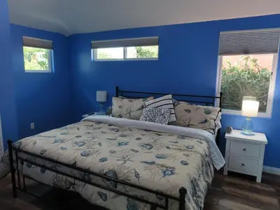 a blue bedroom with a bed and two windows at Hill Street Cottage in Los Angeles
