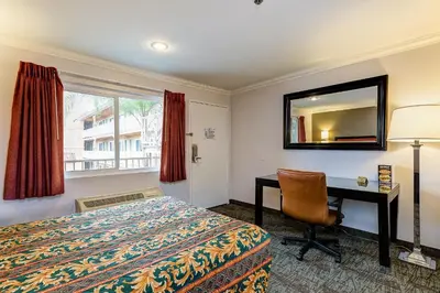 a hotel room with a bed and a desk and a mirror at Buena Vista Inn in Anaheim