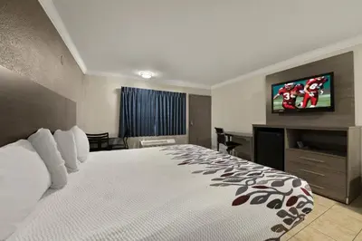a hotel room with a bed and a flat screen tv at Red Roof Inn Los Angeles - Bellflower in Bellflower