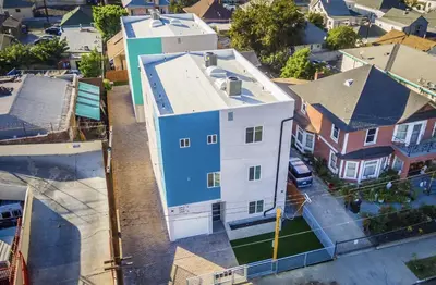 an overhead view of a building in a city at Modern Hostel address changed in Los Angeles