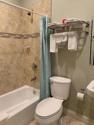 a bathroom with a toilet and a shower and a sink at El Rey Inn - LAX in Gardena