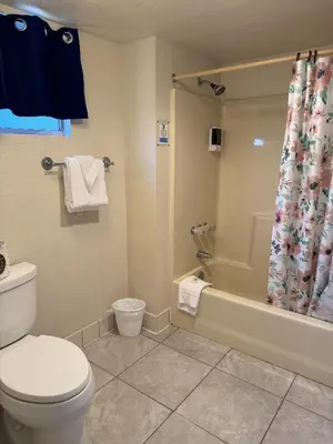 a bathroom with a toilet and a tub and a shower at Barewood Inn & Suites in Wofford Heights