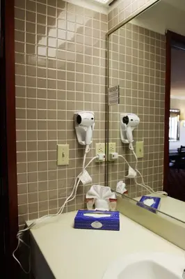 a bathroom with a mirror and a hair dryer at Metro Plaza Hotel in Los Angeles