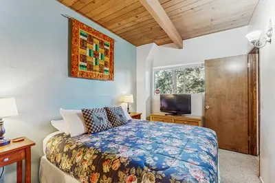 a bedroom with a bed and a tv at The Treehouse in Lake Arrowhead