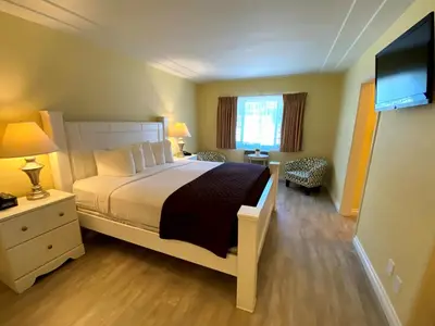 a bedroom with a large bed and a flat screen tv at Hollywood Celebrity Hotel in Los Angeles