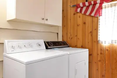 a white washer and dryer in a kitchen at Oriole Cottage-621 by Big Bear Vacations in Big Bear Lake