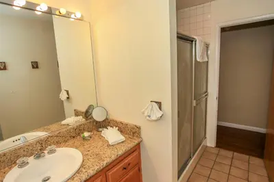 a bathroom with a sink and a shower at Cozy up to Summit-1651 by Big Bear Vacations in Big Bear Lake