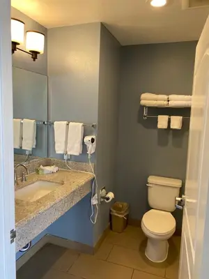 a bathroom with a toilet and a sink at Ocean Surf Inn & Suites in Huntington Beach