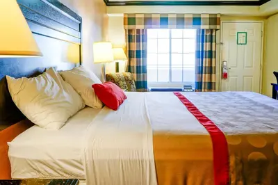 a hotel room with a large bed with red pillows at Ramada by Wyndham Ontario Airport & Convention Center in Ontario