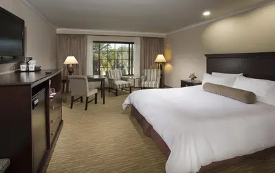 a hotel room with a large bed and a desk at Coast Burbank Hotel in Burbank