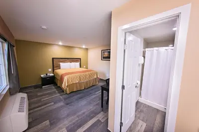 a hotel room with a bed and a walk in shower at GAREY MOTEL in Pomona