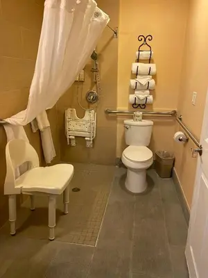 a bathroom with a toilet and a chair and towels at The Lemon Tree Hotel in Anaheim