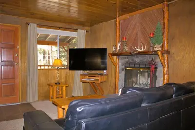 a living room with a leather couch and a fireplace at Goldmine Lodge in Big Bear Lake