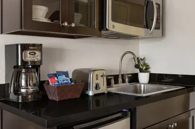 a kitchen counter with a sink and a microwave at Peacock Suites in Anaheim