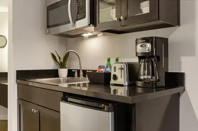 a kitchen with a sink and a counter top at Peacock Suites in Anaheim