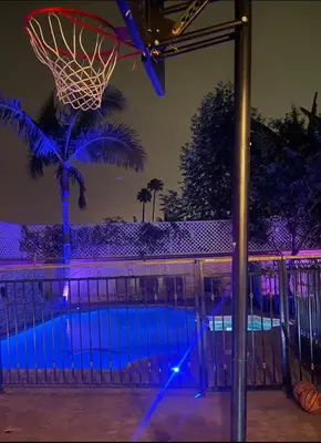 a pool at night with a basketball hoop and a palm tree at Luxurious 3 BD in Culver City with POOL &HOT SPA in Los Angeles