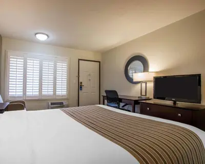 a bedroom with a bed and a desk and a tv at Rodeway Inn Convention Center in Los Angeles