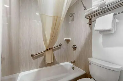 a bathroom with a toilet and a bath tub at Rodeway Inn Carson - Los Angeles South in Carson