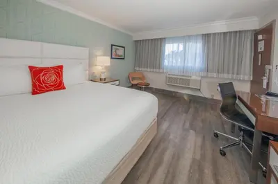 a hotel room with a large bed and a desk at Pasadena Rose & Crown Hotel in Pasadena