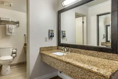 a bathroom with a sink and a mirror and a toilet at Best Western Plus South Bay Hotel in Lawndale