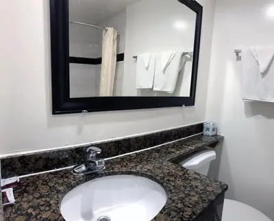a bathroom with a sink and a mirror and a toilet at Starlight Inn Canoga Park in Canoga Park