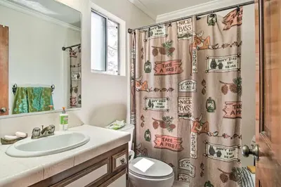 a bathroom with a sink and a shower curtain at 5 Mi to Lake Arrowhead Village Cabin with Game Room in Lake Arrowhead