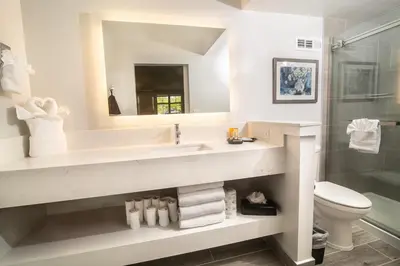 a bathroom with a sink and a toilet and a shower at Palm Garden Hotel in Thousand Oaks