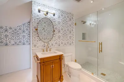 a bathroom with a toilet and a sink and a shower at Victorian Carpinteria Apartment Less Than 1 Mi to Beach! in Carpinteria