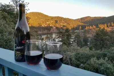 two glasses of wine on a table with a bottle of wine at The Atomic Squirrel Lodge Lake Gregory Getaway! in Crestline