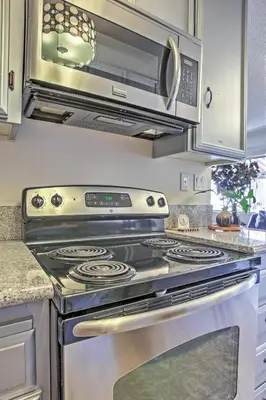 a kitchen with an oven and a microwave at Downtown Long Beach Condo - 1 Mi to Boardwalk! in Long Beach