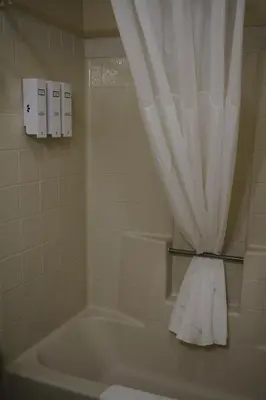 a bathroom with a tub and a shower curtain at Arrowhead Lake Inn in Lake Arrowhead