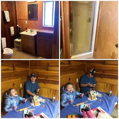 a man and a little girl eating cake at a table at sequoia National Forest CabinH in Panorama Heights